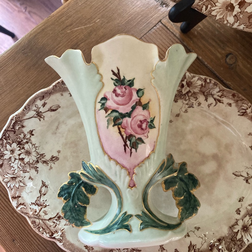 Vintage 1950 Green and Pink Hand Painted Vase